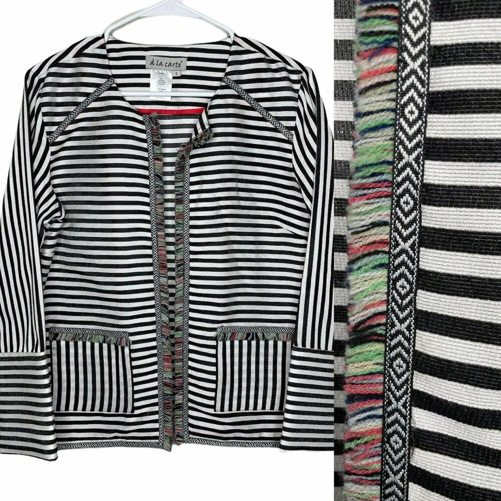 A LA CARTE Funfetti Black White Stripe Open Front Blazer Fringe Trim Wms Sz S